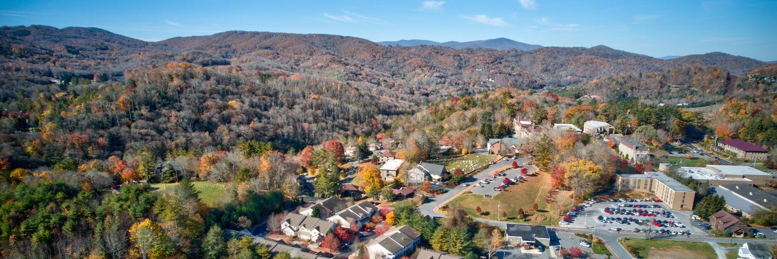 Mountain view from a wooded cabin deck in Banner Elk, North Carolina